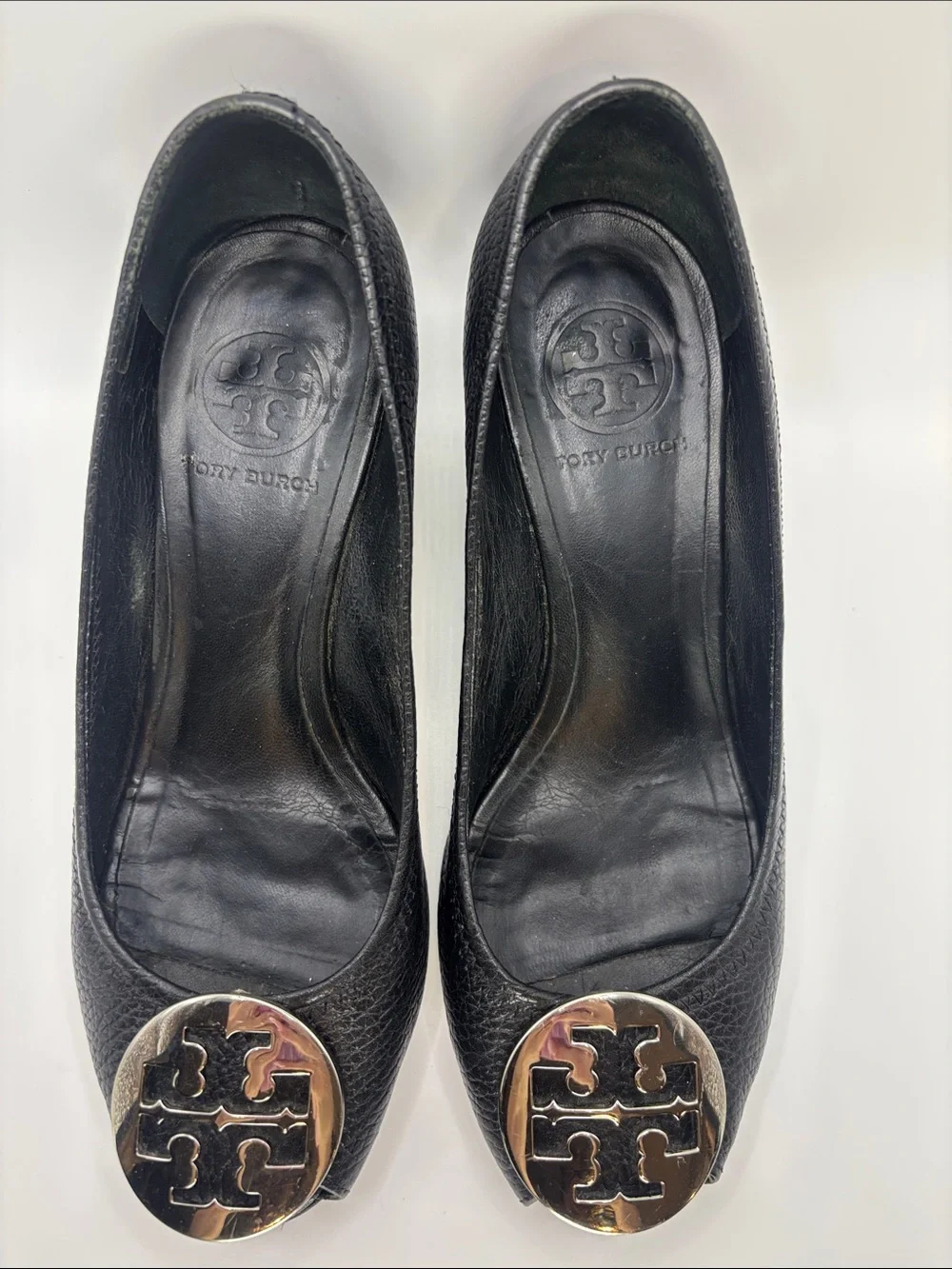 Tory Burch Black Leather Wedge Peep-Toe Flats with Silver Logo